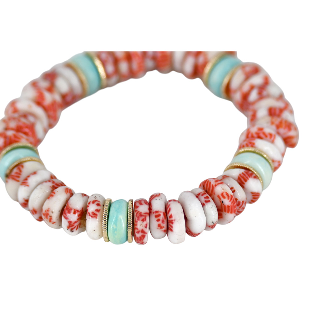 Akola Egypt Glass Bone Beaded Stretch Bracelet Red White Light Blue - Picture 2 of 6